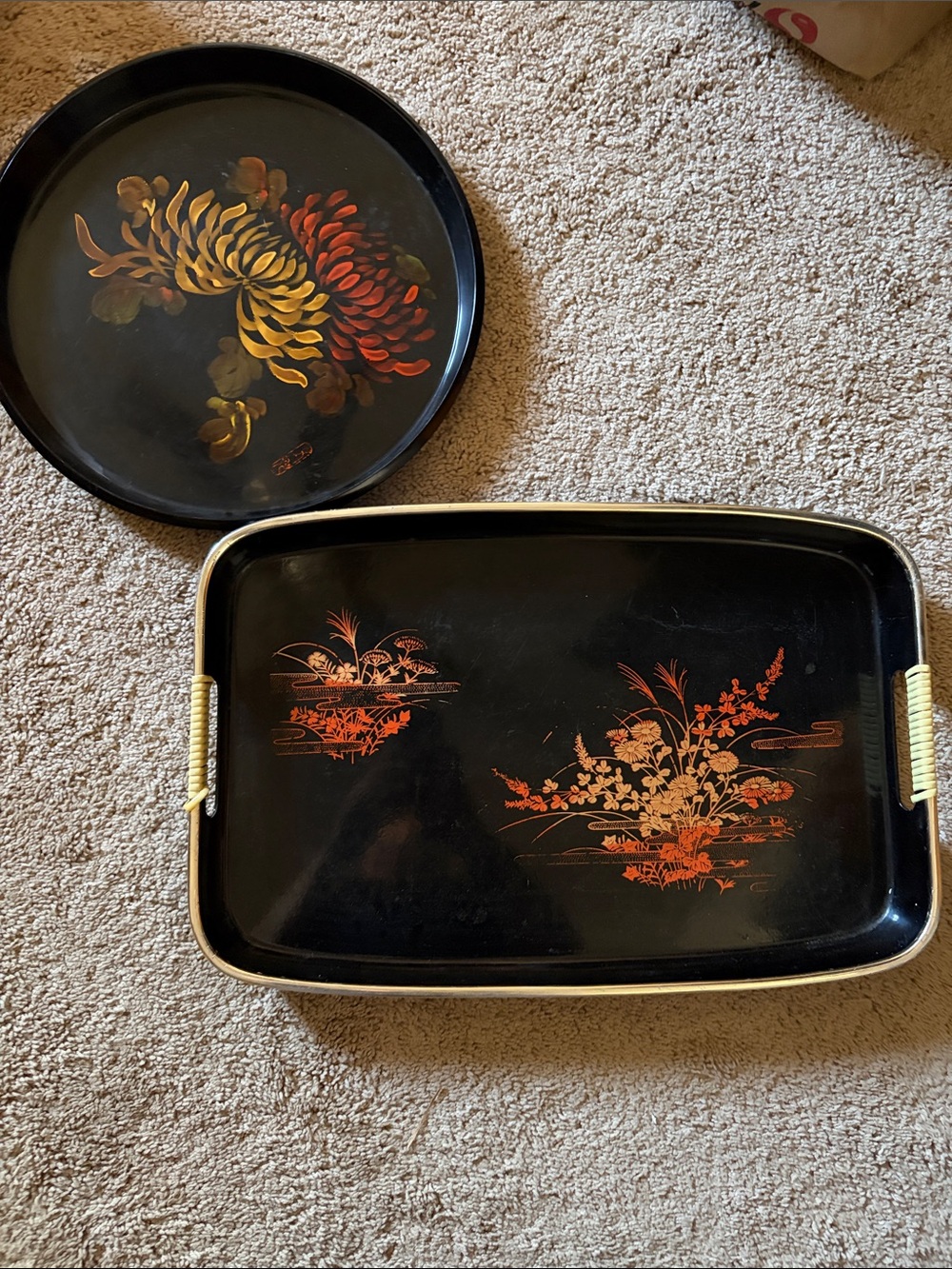 Vintage Black Lacquer Floral Serving Trays